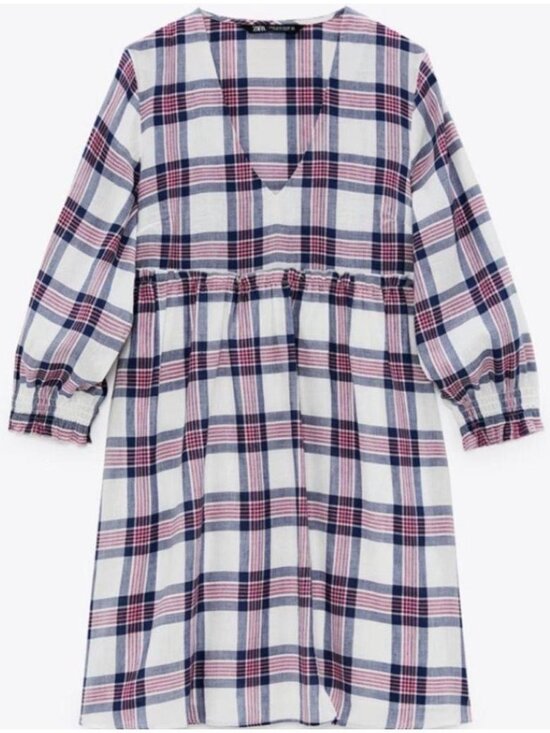 Zara Dresses & Skirts - NWT Zara Plaid Babydoll Mini Dress Women’s XS V Neck Blue Red White Lined Boho
